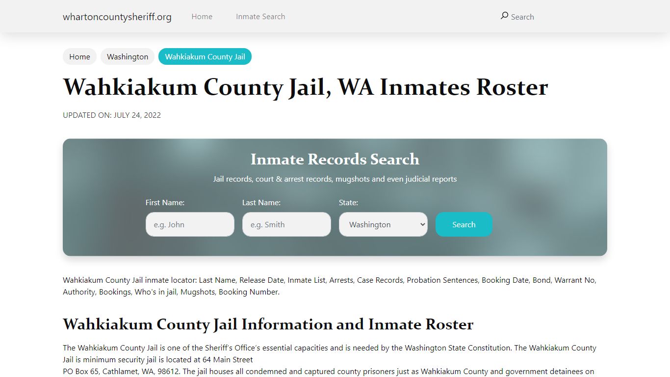 Wahkiakum County Jail, WA Jail Roster, Name Search